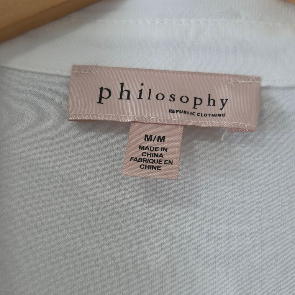 Philosophy Republic Clothing White Viscose Button Down Blouse Black Piping Med - Picture 3 of 6